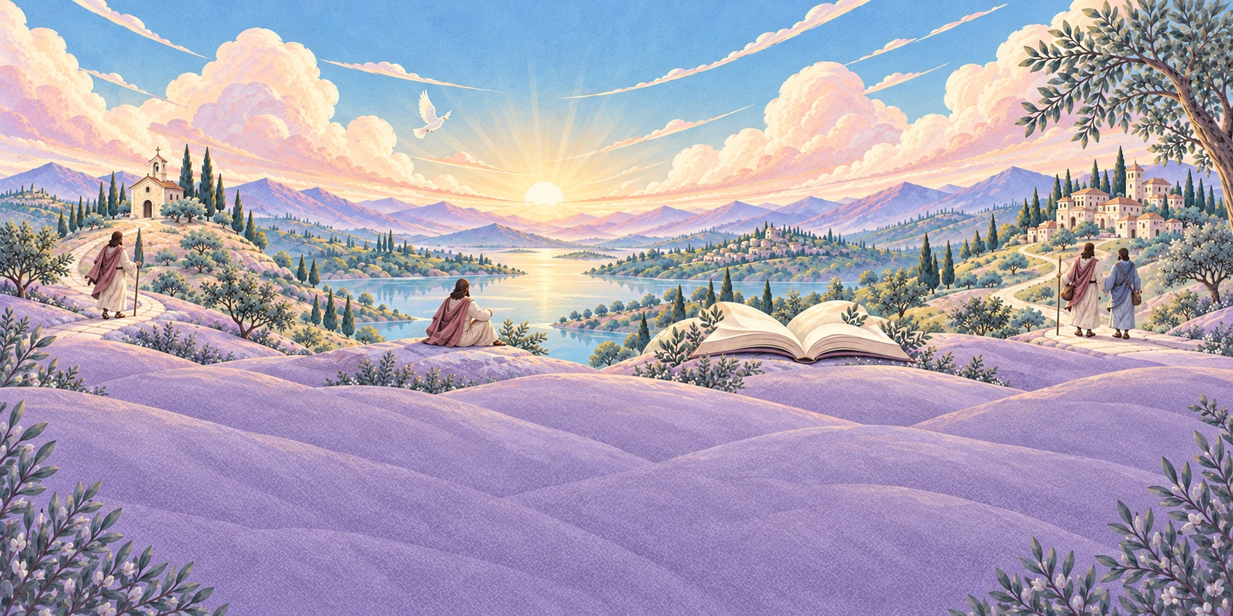 A pastel landscape of water, distant churches, and a new sunrise
